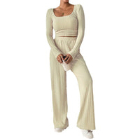 European And American-style Knitted Ribbed Wide-leg Pants Set For Women