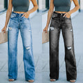 Mid-waist Women's Washed Denim Trousers With Holes