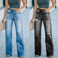 Mid-waist Women's Washed Denim Trousers With Holes