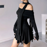 French-style Off-shoulder Pleated Halter-neck Long-sleeve Dress