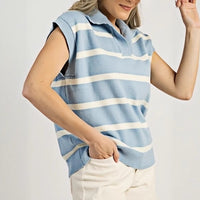 European And American-style Lapel-collar Casual Striped Sleeveless Sweater For Petite Figures