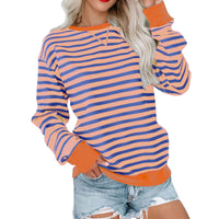 New Striped Color-Blocked Long-Sleeved Casual Crew Neck Sweatshirt