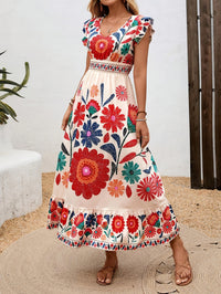 Printed Flared Maxi Dress With Long Sleeves And Lace-Up Waist Casual Style