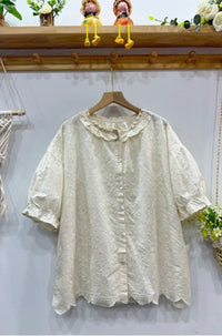 Turn-down Collar Japanese-style Cotton-linen Short-sleeve Shirt