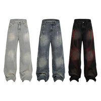 Washed Distressed Embroidery Tassel Jeans Wide-leg Straight Trousers
