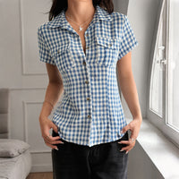 Women's Plaid Short-sleeved Button Shirt