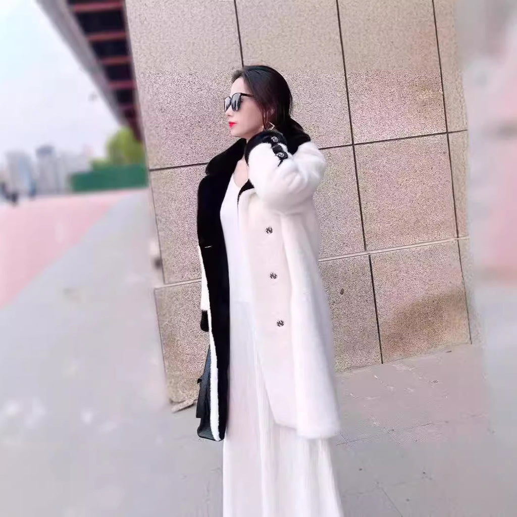 V-neck Large Lapel Contrast Color Long Coat