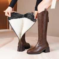Womens Fleece-Lined Soft Leather Wool Knee-High Boots