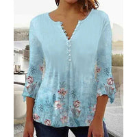 Women's 3d Digital Printing Button V-neck Flared Sleeves T-shirt