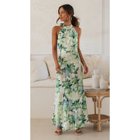 SpringSummer Floral Digital Print Sweet Halter Mid Length Dress