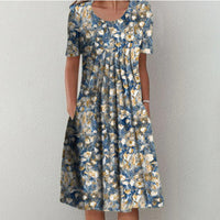 Spring And Summer Women's Elegant Large Swing Round Neck Printed Short Sleeve Dress
