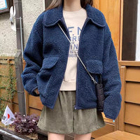 Lapel Zipper Double Pocket Loose Thick Cotton Coat Short Coat