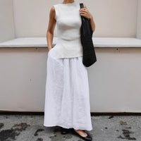 White Cotton Linen A- Line Skirt Loose High Waist Half-length