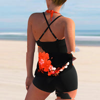Printed Split Solid Color Women's Boxer Swimwear