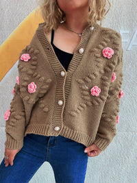 Cute Three-dimensional Flower Decorative Knitted Cardigan Round Neck Sweater