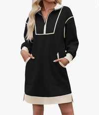 Sports Style Half Zip V Neck Long Sleeve Color Block Loose Dress