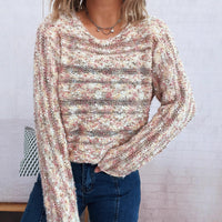 Pullover V-neck Long Sleeve Seersucker Sweater For Women