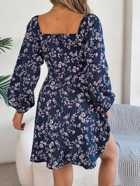 Women's Casual Sexy Tie Waist Square Neck Floral Print Long Sleeve A-Line Dress
