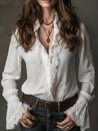 Womens Solid-Color Loose-Fit Patchwork Lightweight Lace Shirt