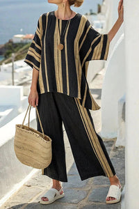Womens Casual Printed Striped Colorblock Mid-Sleeve Crewneck Top And Pants Set