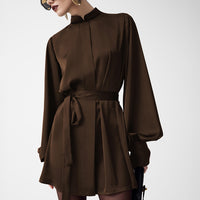 Autumn Small Stand-up Collar Long-sleeve Lace-up Dress