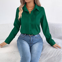 Pleated Solid-color Button-up Long-sleeve Business Shirt