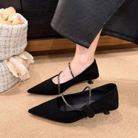 French Gentle Style Pointed Toe Kitten Heel Pumps With Rhinestone Strap