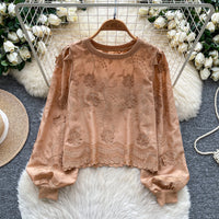 Womens Lantern-Sleeve Crew-Neck Sweatshirt With Embroidery Loose Fit