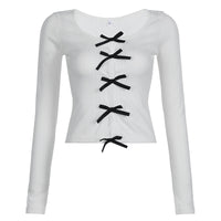 Bow Color Contrast Patchwork Base T-shirt Openwork Knitted Top
