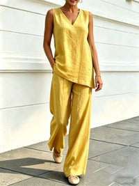 Womens V-neck Sleeveless Cotton-Linen Top And Wide-Leg Pants Set
