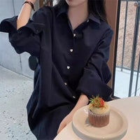 Polo Collar Single Row Button Loose Long Sleeve Long Shirt