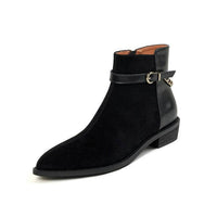 Women's Square Heel Pointed-toe Side Zip Belt Buckle Flat Ankle Boots