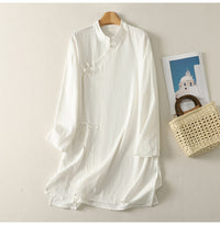 New Chinese-style Slant-Collar Button-Loop Tie Cotton-Linen Shirt For Women