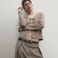 Solid Color And V-neck Rope Casual Minimalist Long Sleeve Sweater For Women