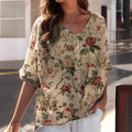 Printed V-neck 5 Points Drop-shoulder Sleeve Cotton And Linen Loose Casual Shirt