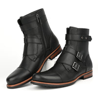 Mens Minimalist Vintage Metal-buckle Side-zip Low-heeled Denim Boots