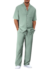 Men's Trousers Suit Fashion Lapel Button Short Sleeve Shirt And Pocket Straight Pants Clothing