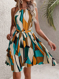 Printed Halterneck Off-Shoulder Lace-Up Waist Beach Pleated Skirt