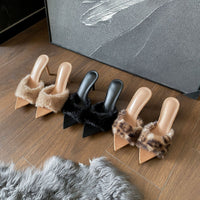 Pointed-toe Slender High-heel Non-slip Plush Shoes High-heel Slippers