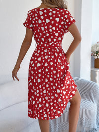 Women's Casual Color Block Heart Print Short Sleeve Tie Waist Pleated Dress