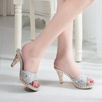 High-heeled Rhinestone Solid Color Small Thick-heeled Slippers Summer One Word Sandals