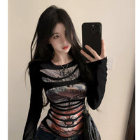 Slim-fit Vintage Distressed Printed Faux Two-piece Long-sleeve Top