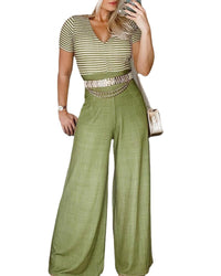 Short Sleeved Striped Tight Wide Leg Jumpsuit