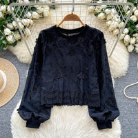 Womens Lantern-Sleeve Crew-Neck Sweatshirt With Embroidery Loose Fit