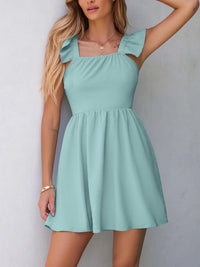 Fluttering Sleeves Sweet Short Skirt Back Bow-Tied Halterneck Dress With Open Back