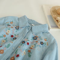 Japanese-style Sweet Fashion Spread Floral-embroidered Denim Shirt