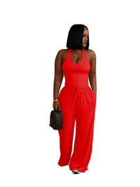 European And American Style Summer Solid Color Casual Halter Top And High-Waist Wide-Leg Pants With Pockets