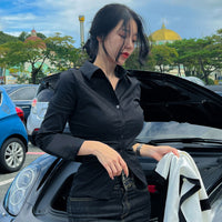 Elegant Gray Design Shirt With Long Sleeves A Turn-down Collar And A Side Slit