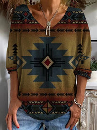 Womens Loose-fitting Geometric-print V-neck Long-sleeve Top