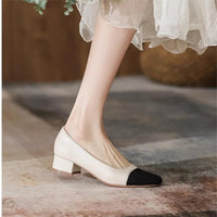 Womens French-style Soft Leather Patchwork Chanel-inspired Chunky-heel Square-toe Pumps